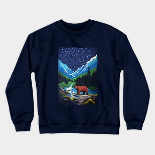 Grizzly Bear Mountains Lake Trees Stars in the Night Sky Crewneck Sweatshirt